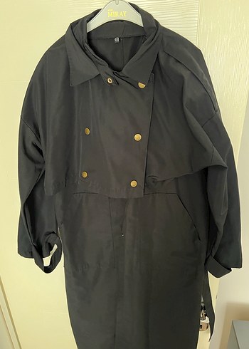 Siyah Uzun Kadın Trençkot Düğmeli - Görsel 3