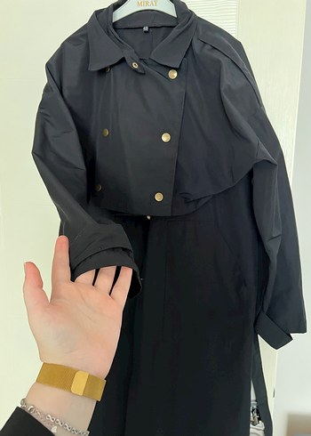 Siyah Uzun Kadın Trençkot Düğmeli - Görsel 4