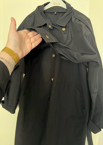 Siyah Uzun Kadın Trençkot Düğmeli - Görsel 7