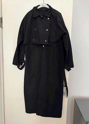 Siyah Uzun Kadın Trençkot Düğmeli - Görsel 2