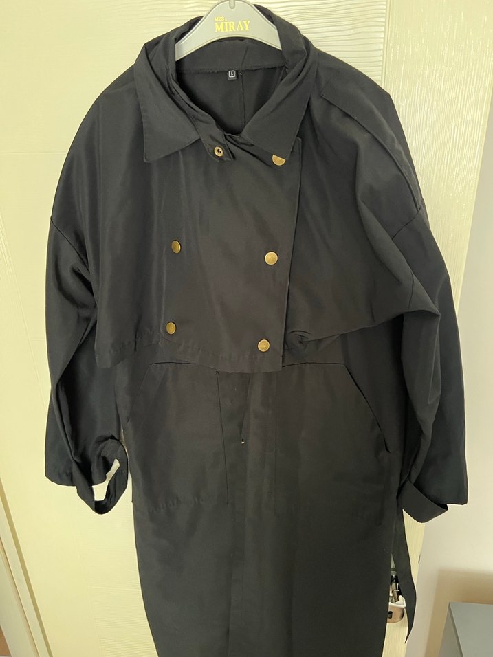 Siyah Uzun Kadın Trençkot Düğmeli - Görsel 3