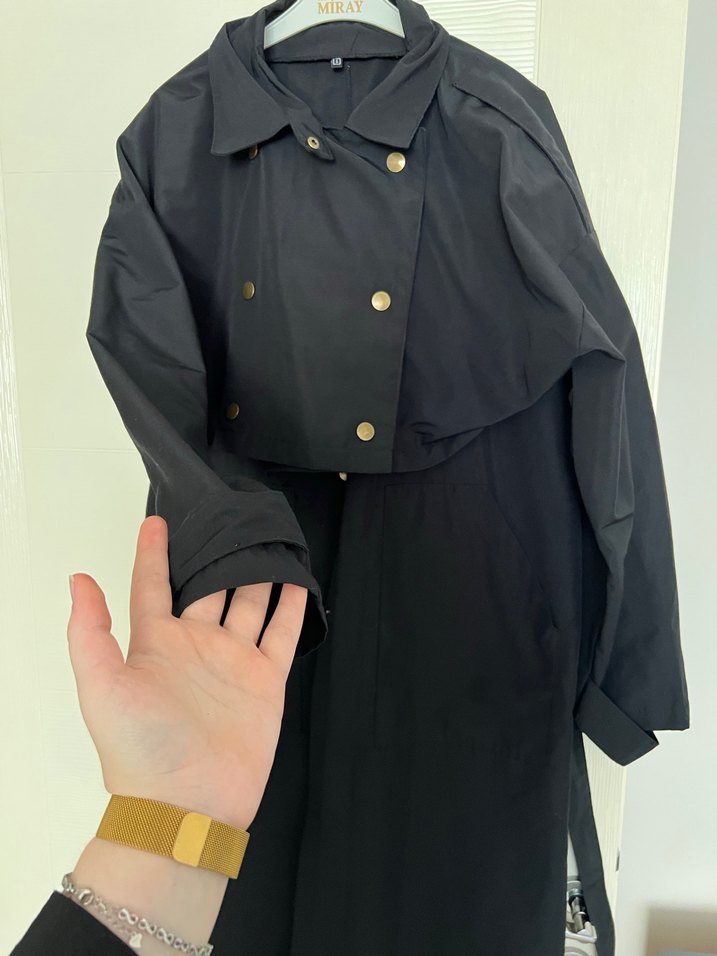 Siyah Uzun Kadın Trençkot Düğmeli - Görsel 4