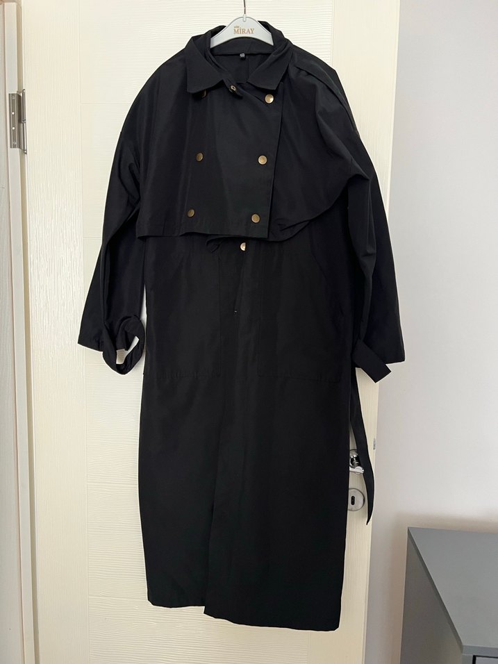 Siyah Uzun Kadın Trençkot Düğmeli - Görsel 2