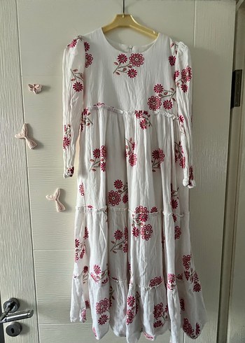 Nakışlı Beyaz Bohem Uzun kız Elbise - Görsel 3