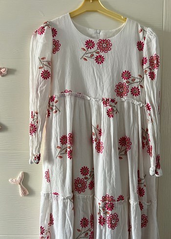Nakışlı Beyaz Bohem Uzun kız Elbise - Görsel 2