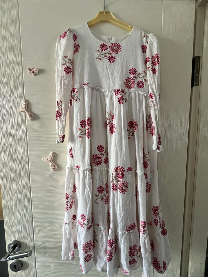 Nakışlı Beyaz Bohem Uzun kız Elbise - Görsel 3