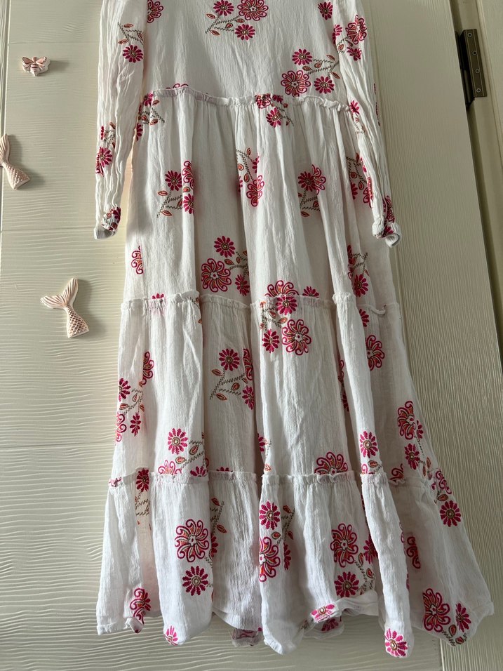 Nakışlı Beyaz Bohem Uzun kız Elbise - Görsel 4