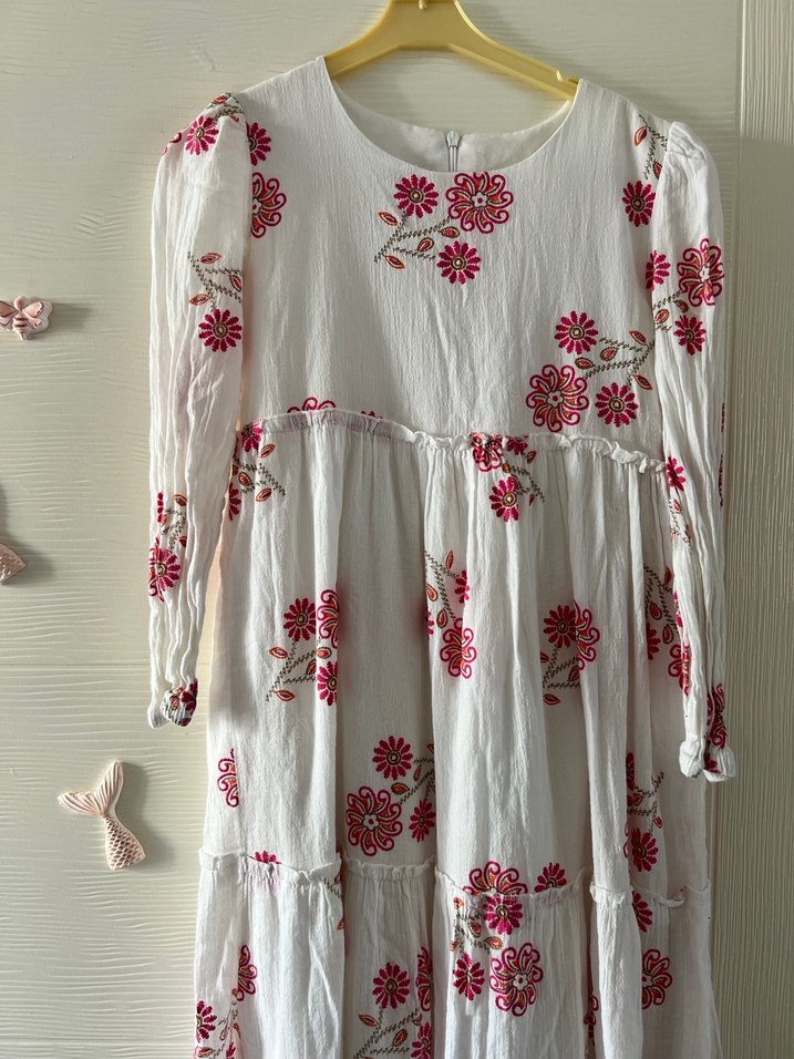 Nakışlı Beyaz Bohem Uzun kız Elbise - Görsel 2