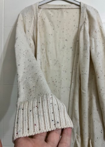 Uzun Beyaz Keten Örgü Hırka - Görsel 4