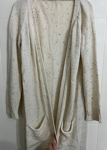 Uzun Beyaz Keten Örgü Hırka - Görsel 2