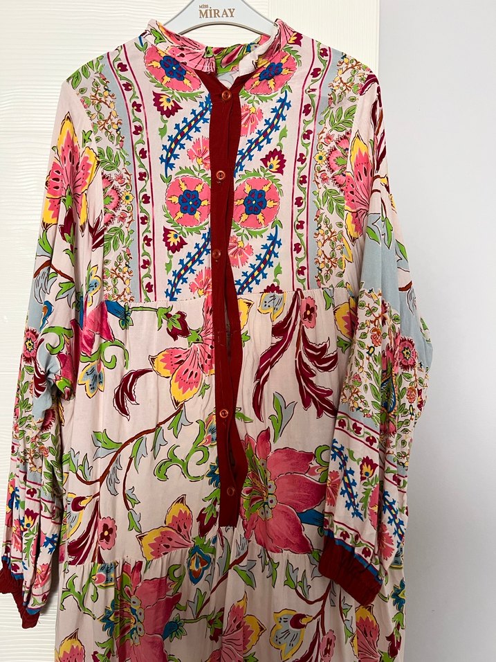 Bohem Çok Renkli Uzun Kollu Uzun Elbise - Görsel 5