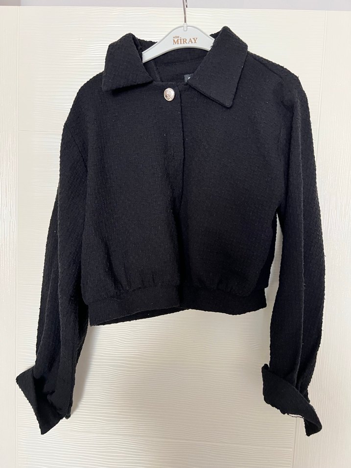Düğmeli Siyah Kadın Keten Ceket - Görsel 2
