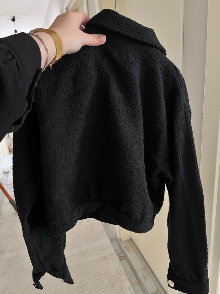 Düğmeli Siyah Kadın Keten Ceket - Görsel 3