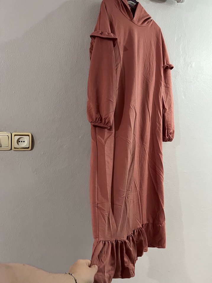 Pembe Kapüşonlu Uzun spor Elbise - Görsel 4