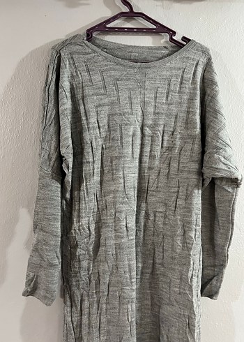 Gri Midi Uzun Kollu Keten Elbise - Görsel 2