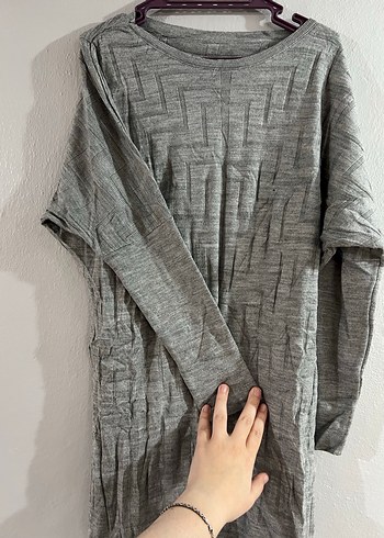 Gri Midi Uzun Kollu Keten Elbise - Görsel 4