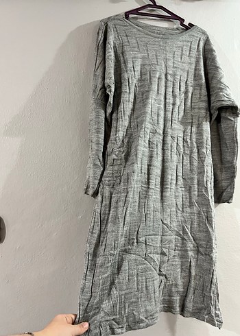 Gri Midi Uzun Kollu Keten Elbise - Görsel 7