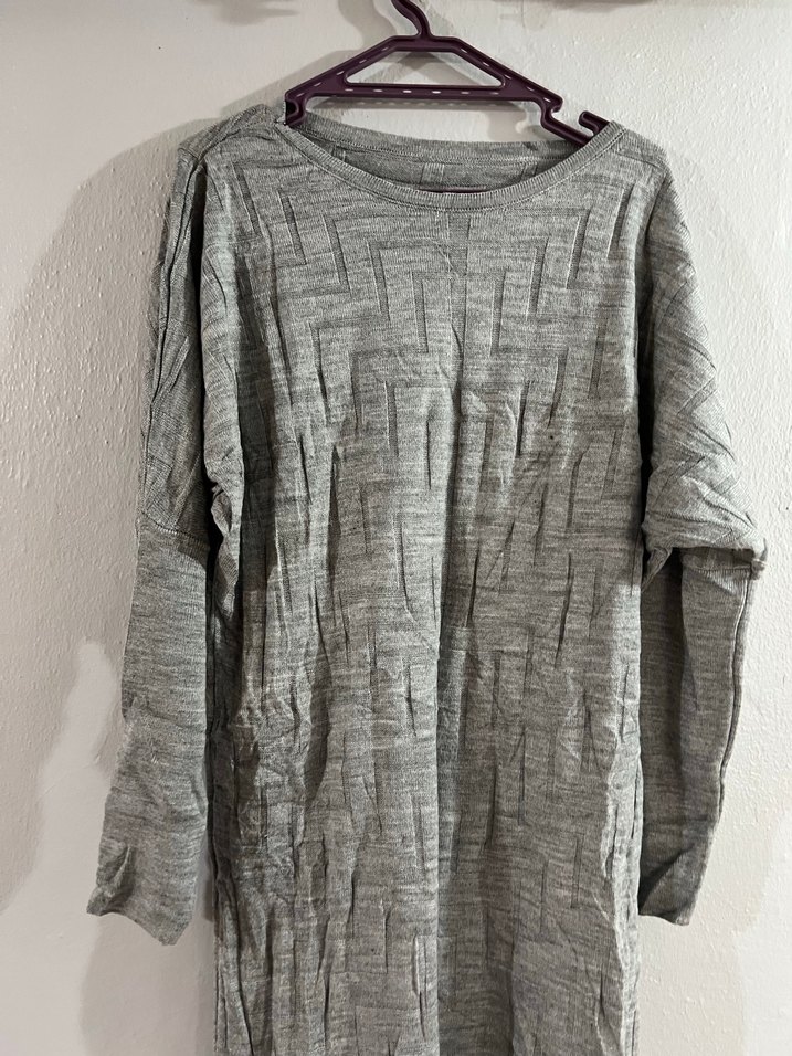 Gri Midi Uzun Kollu Keten Elbise - Görsel 2