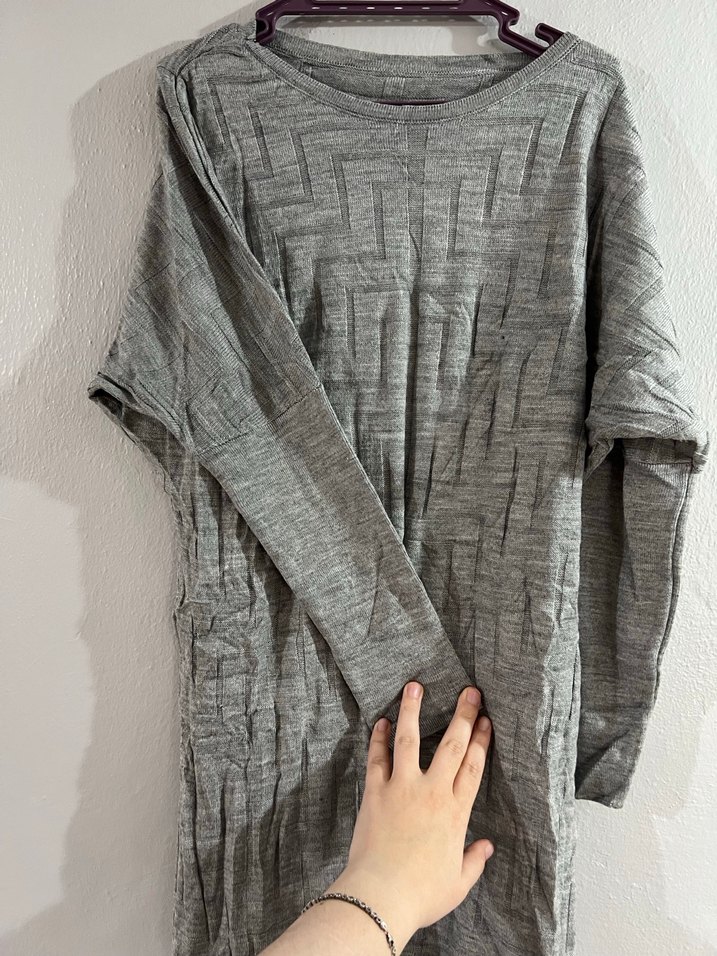 Gri Midi Uzun Kollu Keten Elbise - Görsel 4