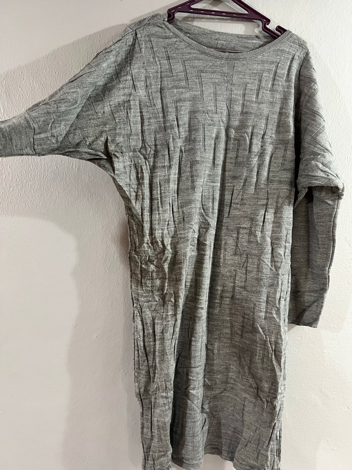 Gri Midi Uzun Kollu Keten Elbise - Görsel 3