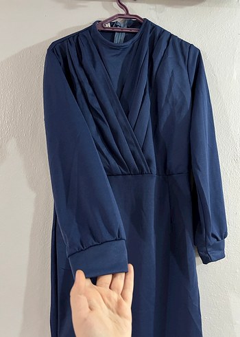 Uzun, V Yakalı, Koyu Mavi Kadın Elbise - Görsel 4