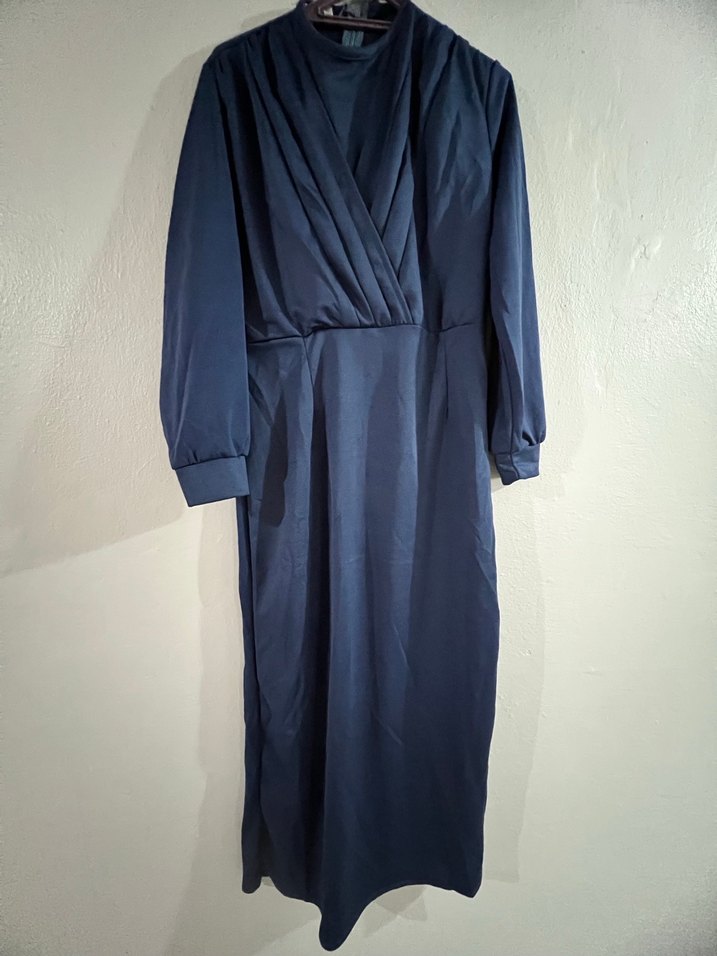 Uzun, V Yakalı, Koyu Mavi Kadın Elbise - Görsel 5