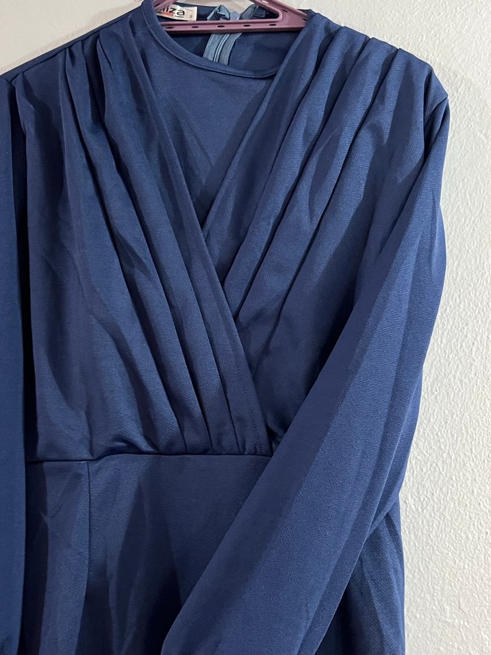 Uzun, V Yakalı, Koyu Mavi Kadın Elbise - Görsel 2