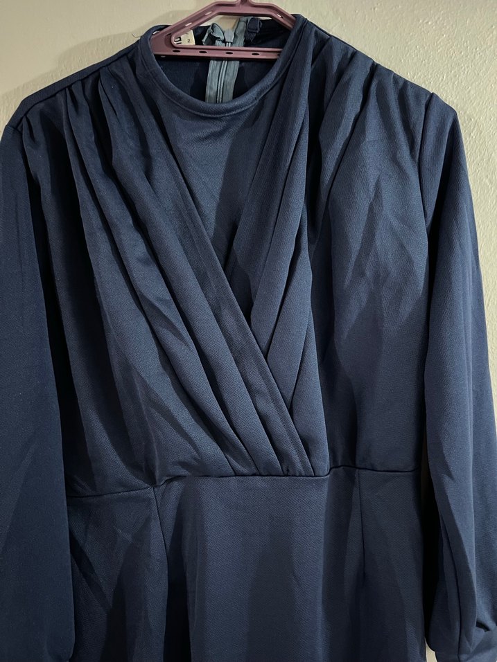 Uzun, V Yakalı, Koyu Mavi Kadın Elbise - Görsel 3