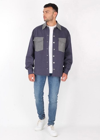 Lacivert cıt cıt erkek oversize gömlek ceket - Görsel 2