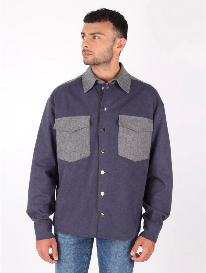 Lacivert cıt cıt erkek oversize gömlek ceket - Görsel 3