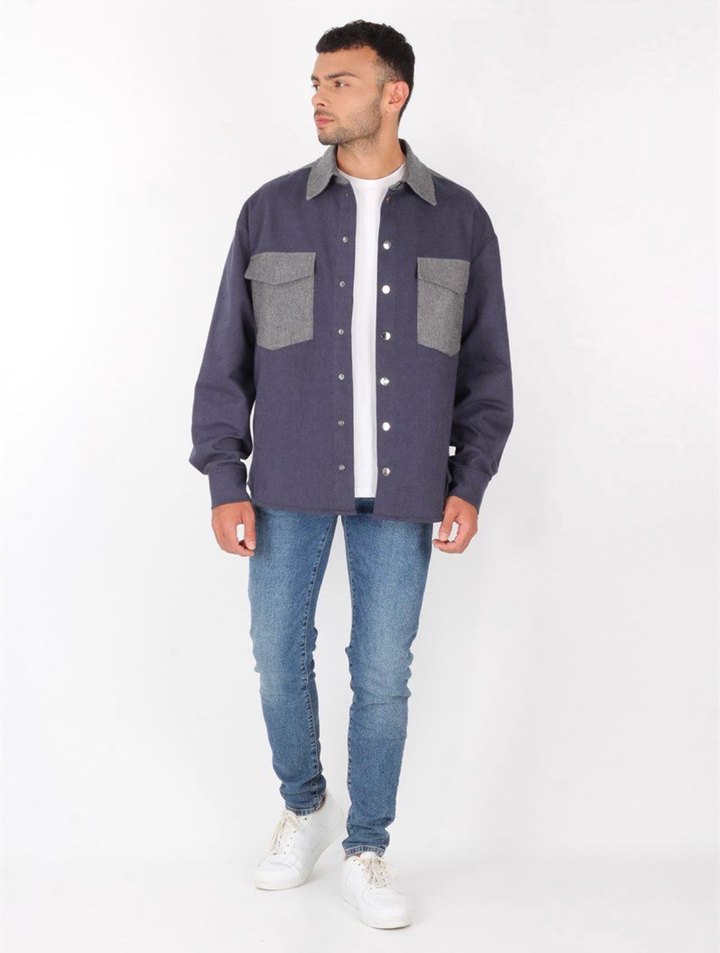 Lacivert cıt cıt erkek oversize gömlek ceket - Görsel 2
