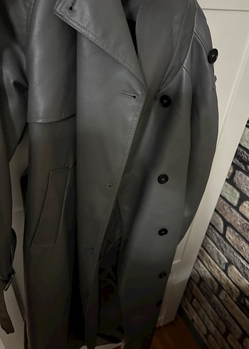 Düğmeli Gri Deri Trençkot - Görsel 3