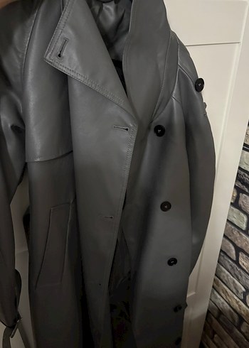 Düğmeli Gri Deri Trençkot - Görsel 2