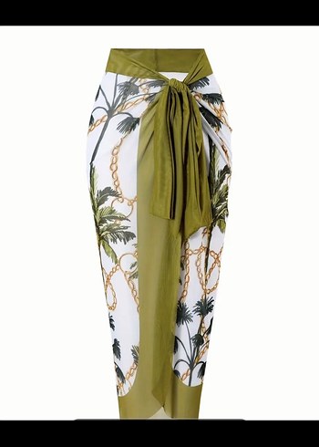 Bohem Tarzı Drapeli Yeşil Kadın Mayo ve Pareo - Görsel 7