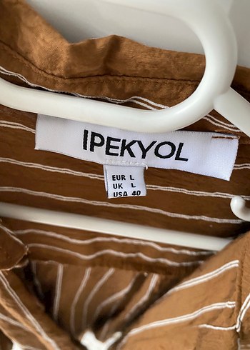 l Beden kahverengi Renk Parizyen Tarzı Çizgili Kahverengi Keten Gömlek