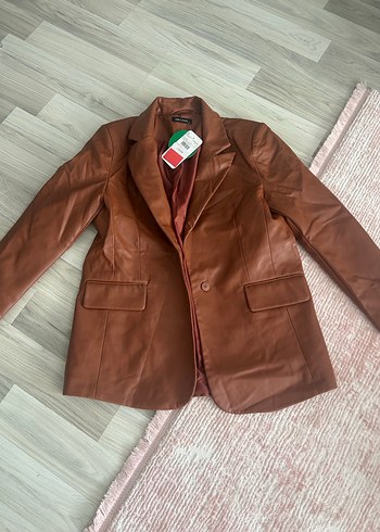 Düğmeli Kahverengi Deri Kadın Ceket