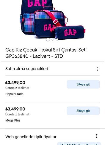  Gap anaokulu -ilkokul 1 kız çanta seti