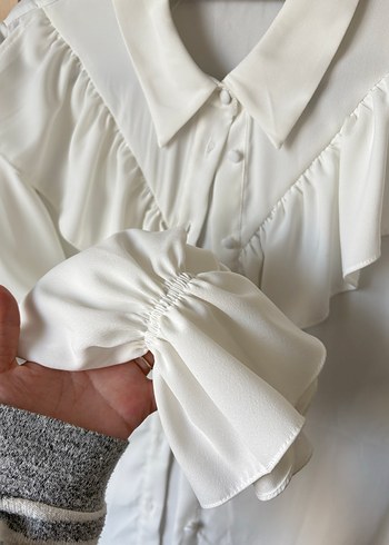 Fırfırlı, Beyaz, Uzun Kollu Kadın Gömlek - Görsel 5