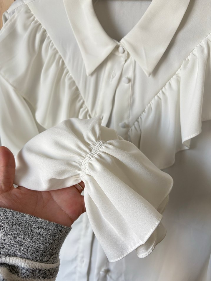 Fırfırlı, Beyaz, Uzun Kollu Kadın Gömlek - Görsel 5