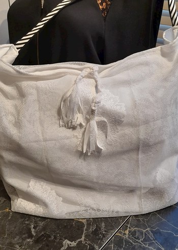 Beyaz Püsküllü tül dantel Bohem Kadın Çanta - Görsel 2