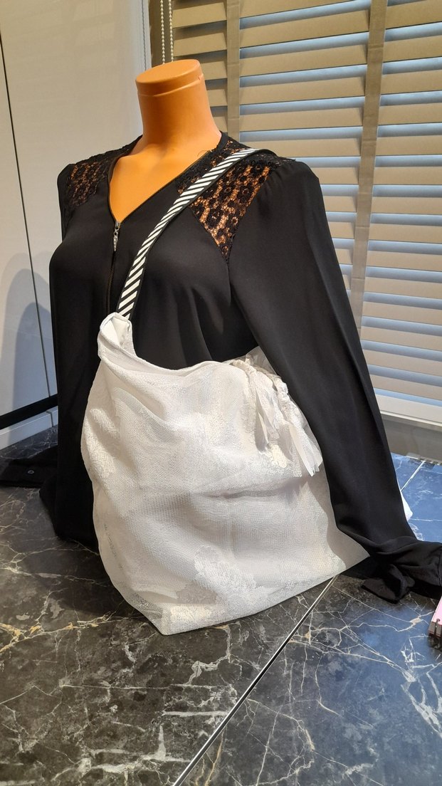 Beyaz Püsküllü tül dantel Bohem Kadın Çanta - Görsel 3