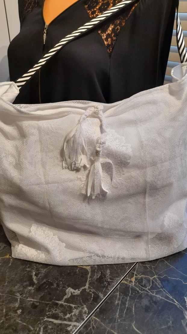 Beyaz Püsküllü tül dantel Bohem Kadın Çanta - Görsel 2