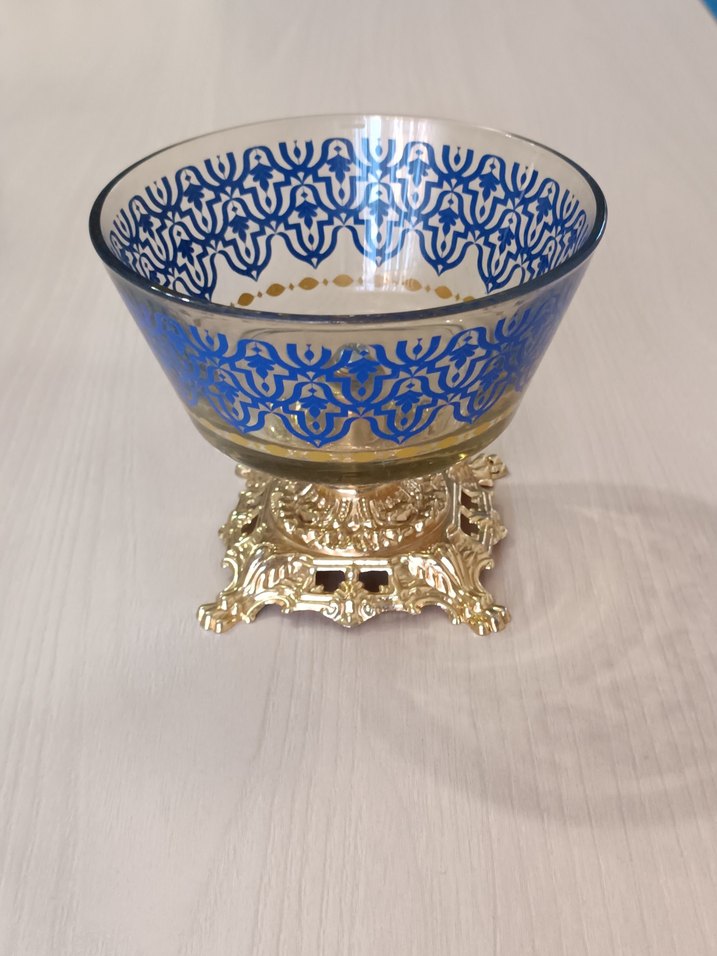 10cm yükseklik 12cm çap Altın Ayaklı Mavi Desenli sunumluk Vazo - Görsel 3