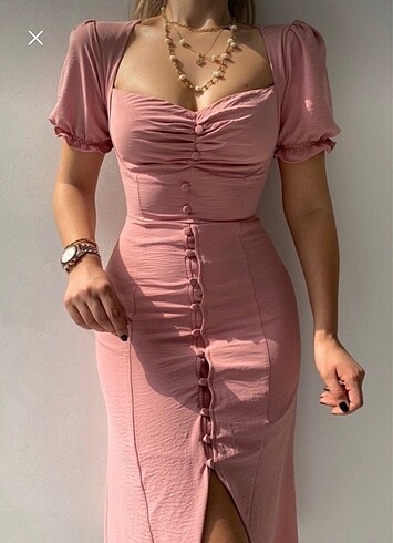 Pembe balon kol midi elbise