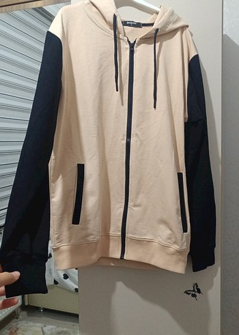 Bej Siyah Kapüşonlu Fermuarlı Sweatshirt - Görsel 2
