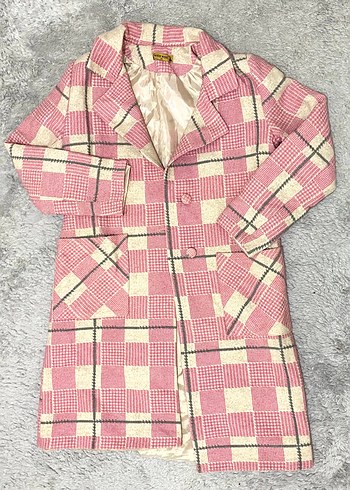 Pembe Gri Kareli Midi Kadın Kaban - Görsel 2