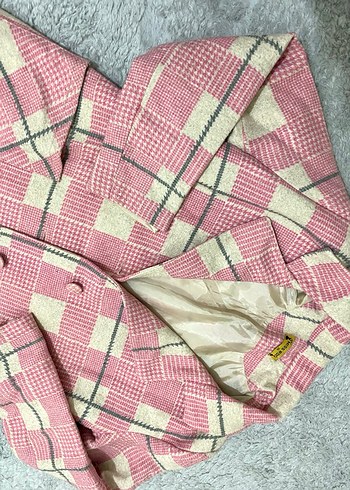 Pembe Gri Kareli Midi Kadın Kaban - Görsel 3