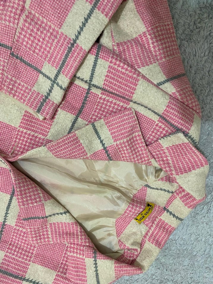 Pembe Gri Kareli Midi Kadın Kaban - Görsel 4