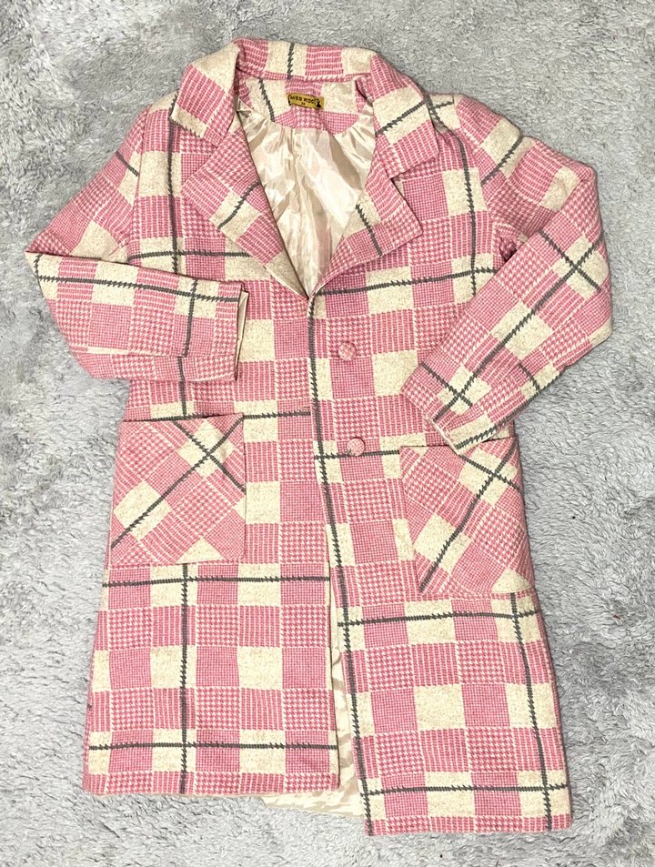 Pembe Gri Kareli Midi Kadın Kaban - Görsel 2