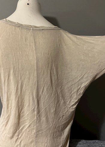 Bej Keten Tişörtü, Kısa Kollu, Salaş Kesim - Görsel 6